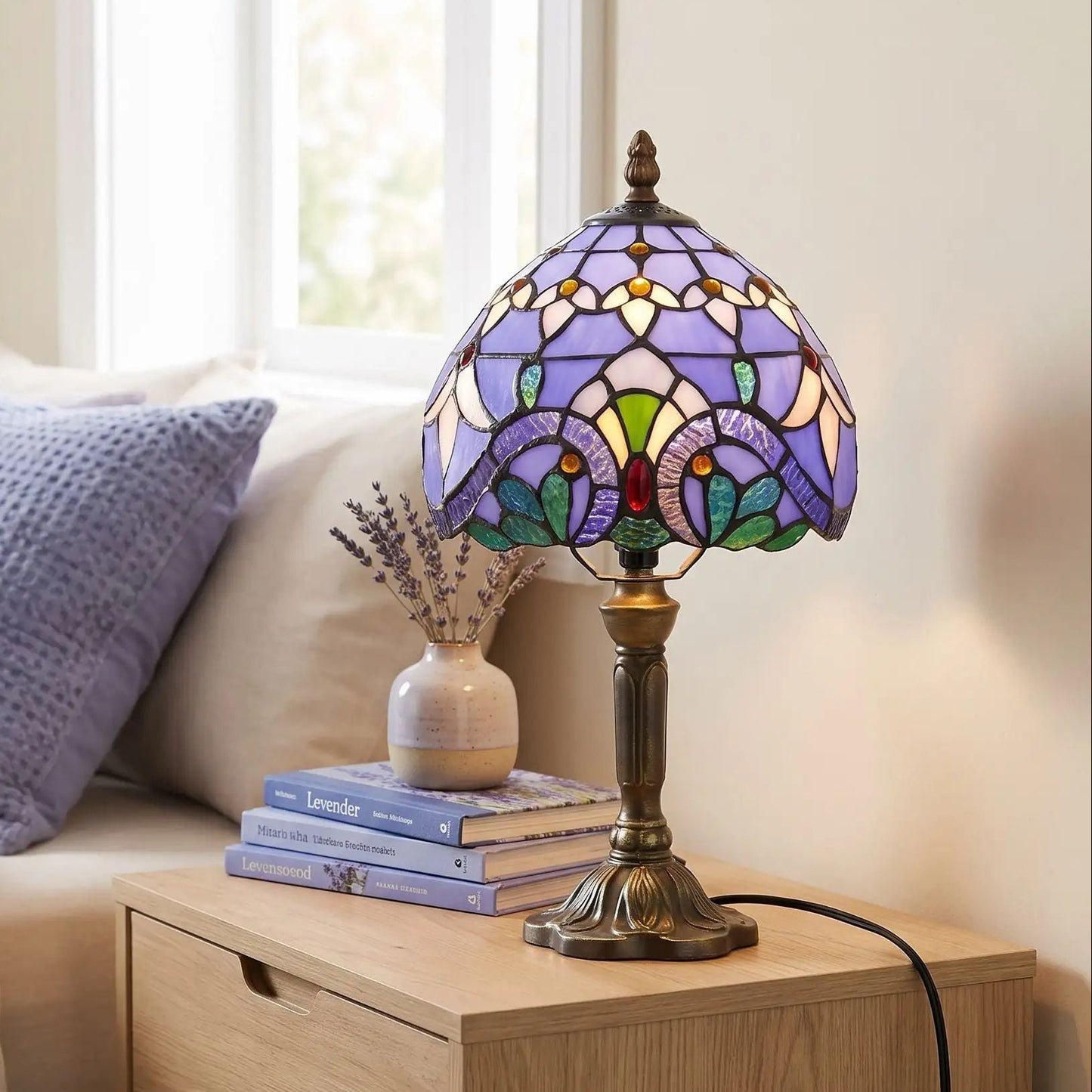 Lampes à poser chevet vu rapproche style tiffany vitrail bleu aux motifs baroque