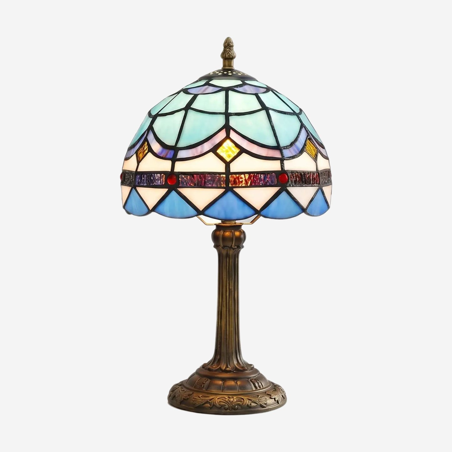 lampe a poser fiche produit tiffany bleue et blanc accents geometriques