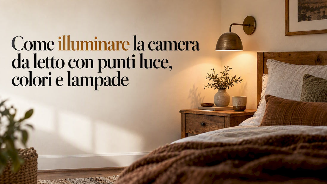 Camera da letto con luce calda accesa accanto al letto