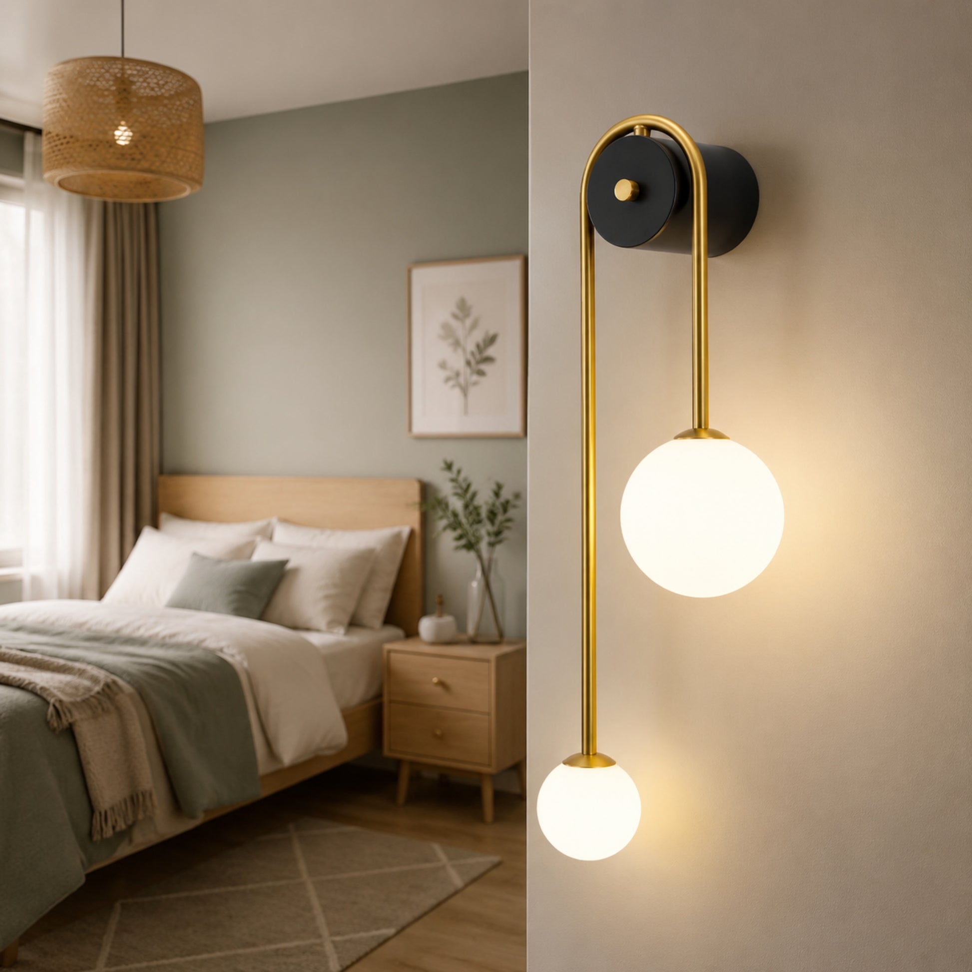Applique murale chambre detail doree vu rapproche double globe design