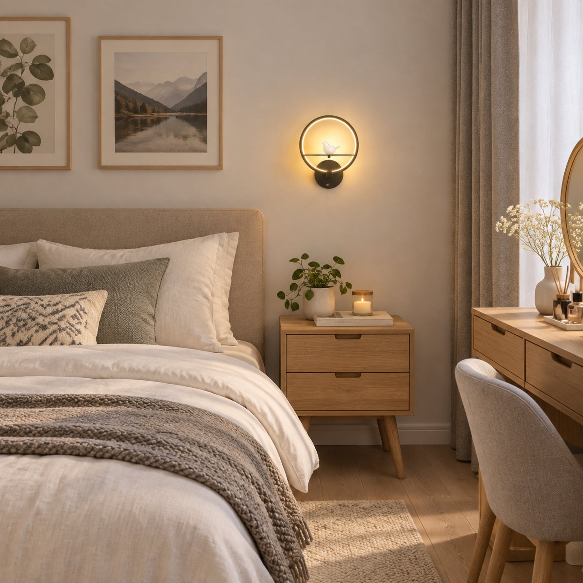 Applique murale chambre noire avec cadre oiseau lumineux led