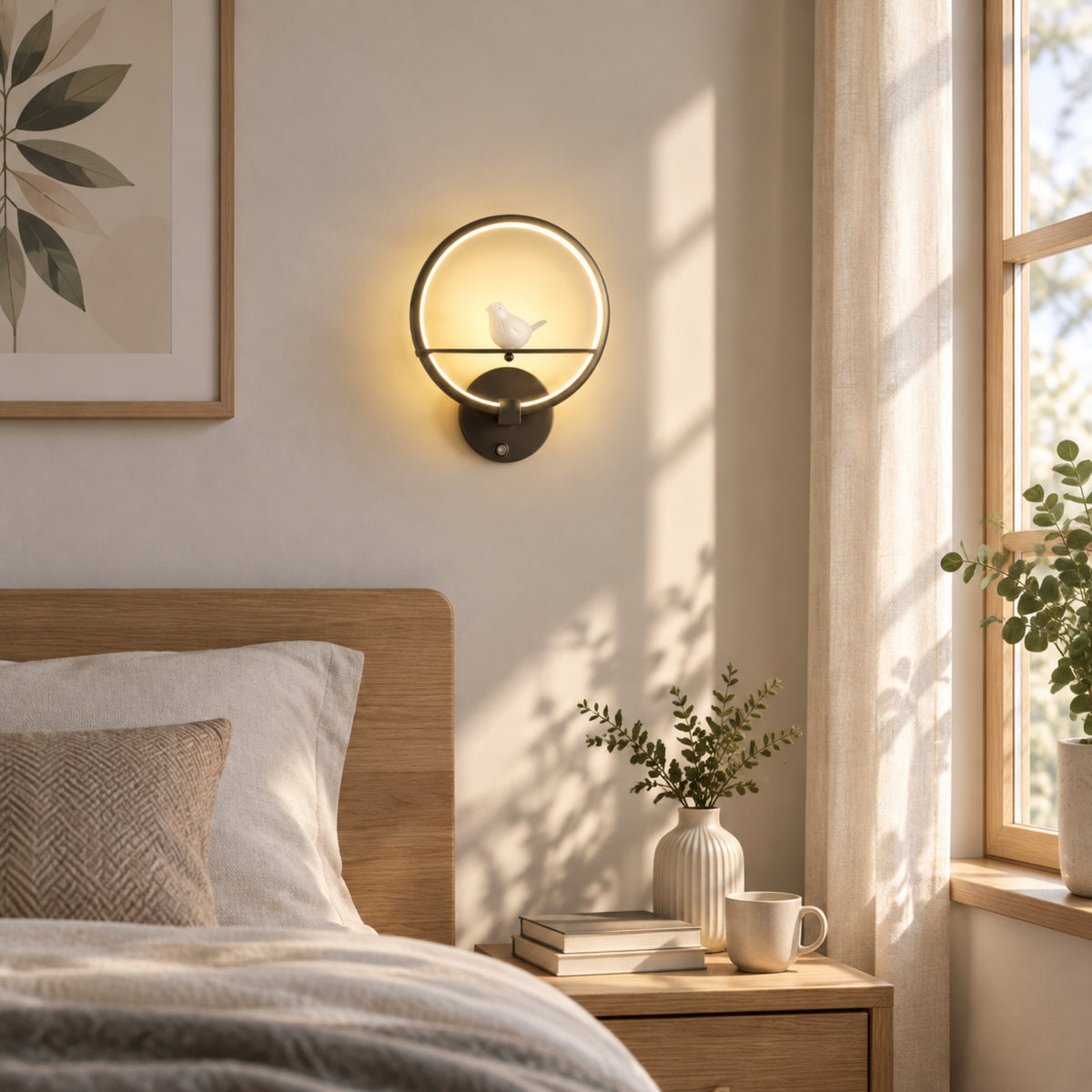 Applique murale chambre noire avec fenetre oiseau lumineux led