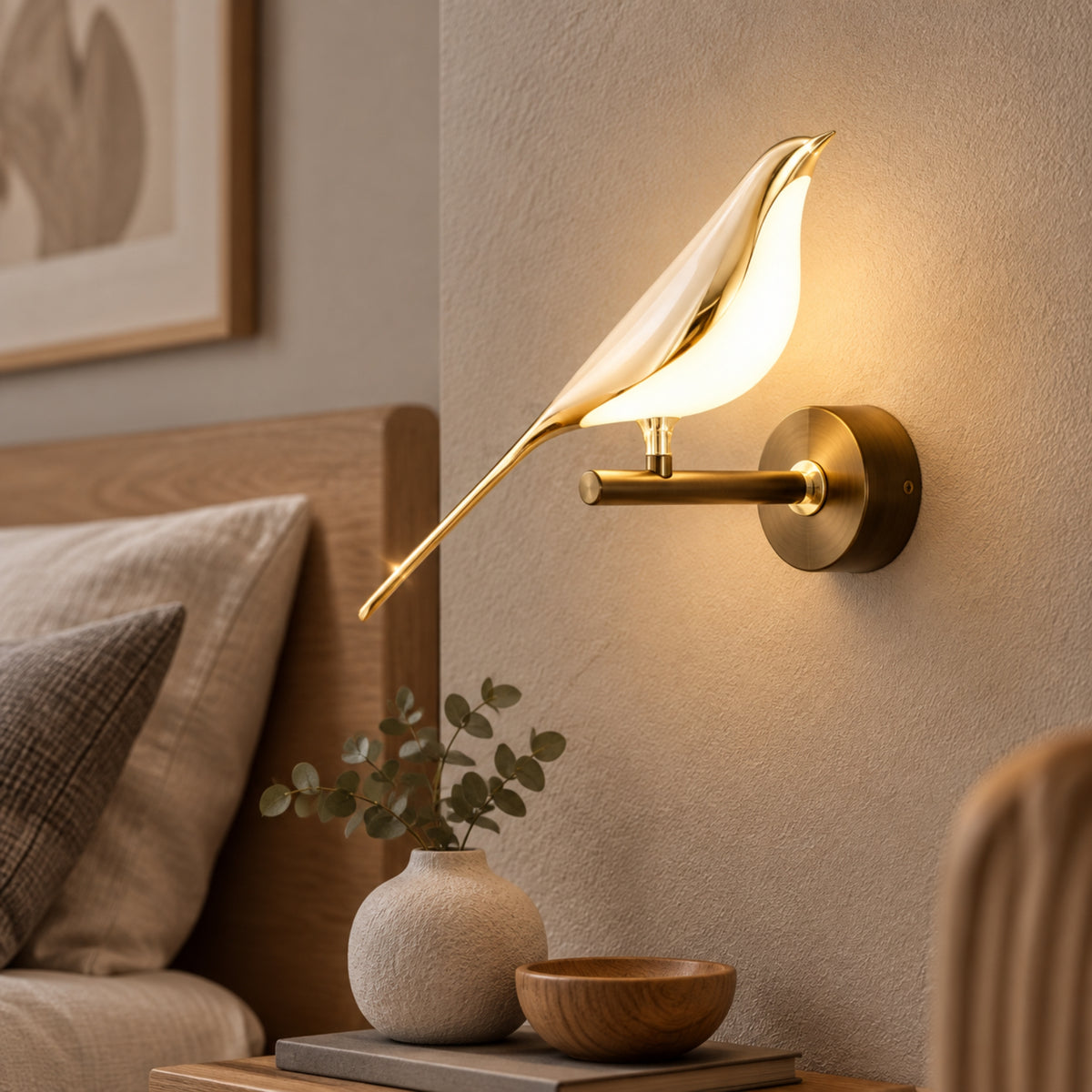 Applique murale chambre oiseau seul avec plante oiseau led 360