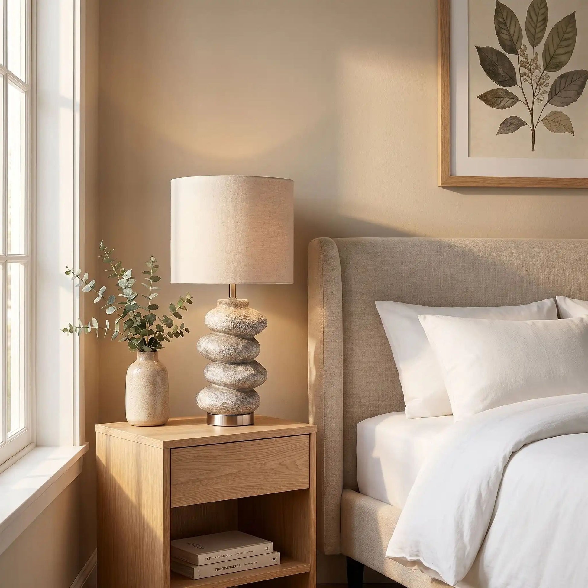 Lampe de chevet sur table chevet galet wabi sabi