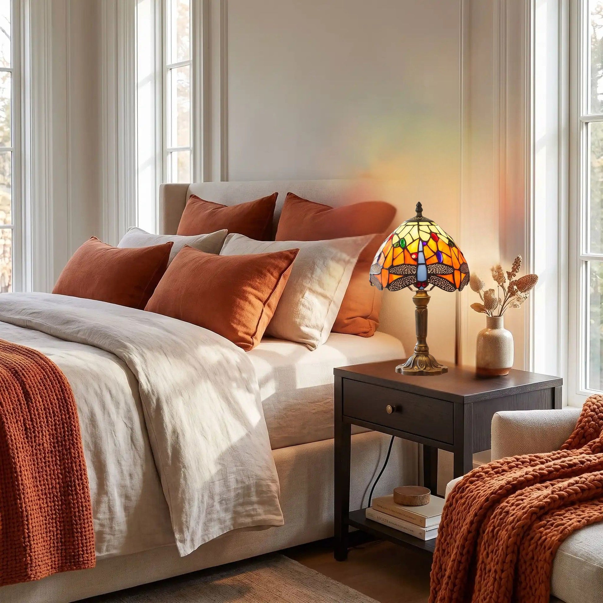 Lampes à poser chambre style tiffany vitrail orange avec motifs de libellules