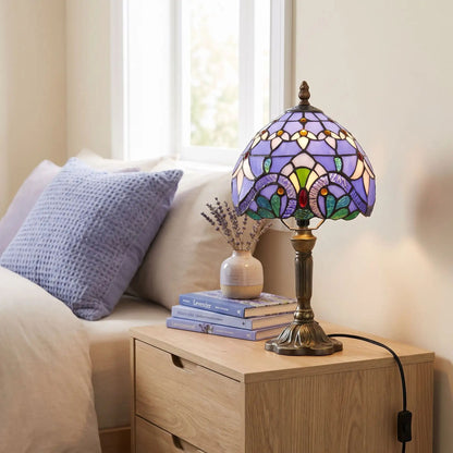 Lampes à poser chevet style tiffany vitrail bleu aux motifs baroque