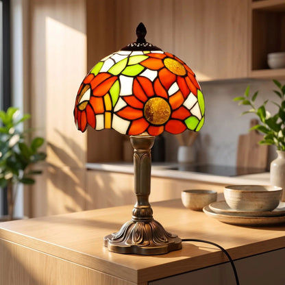 Lampes à poser comptoir style tiffany vitrail fleurs soleil orange