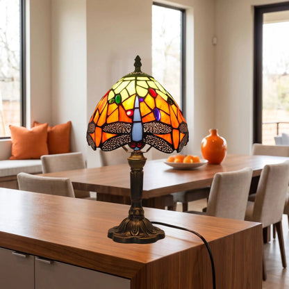Lampes à poser comptoir style tiffany vitrail orange avec motifs de libellules