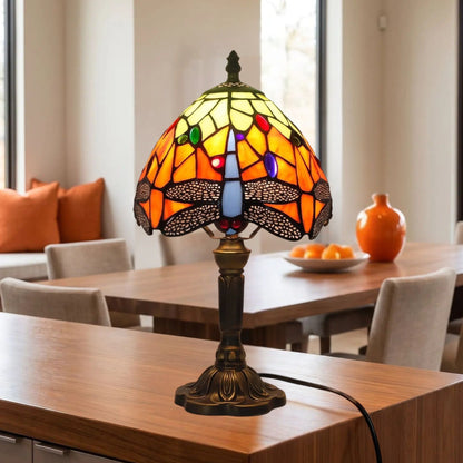 Lampes à poser comptoir vu rapproche style tiffany vitrail orange avec motifs de libellules