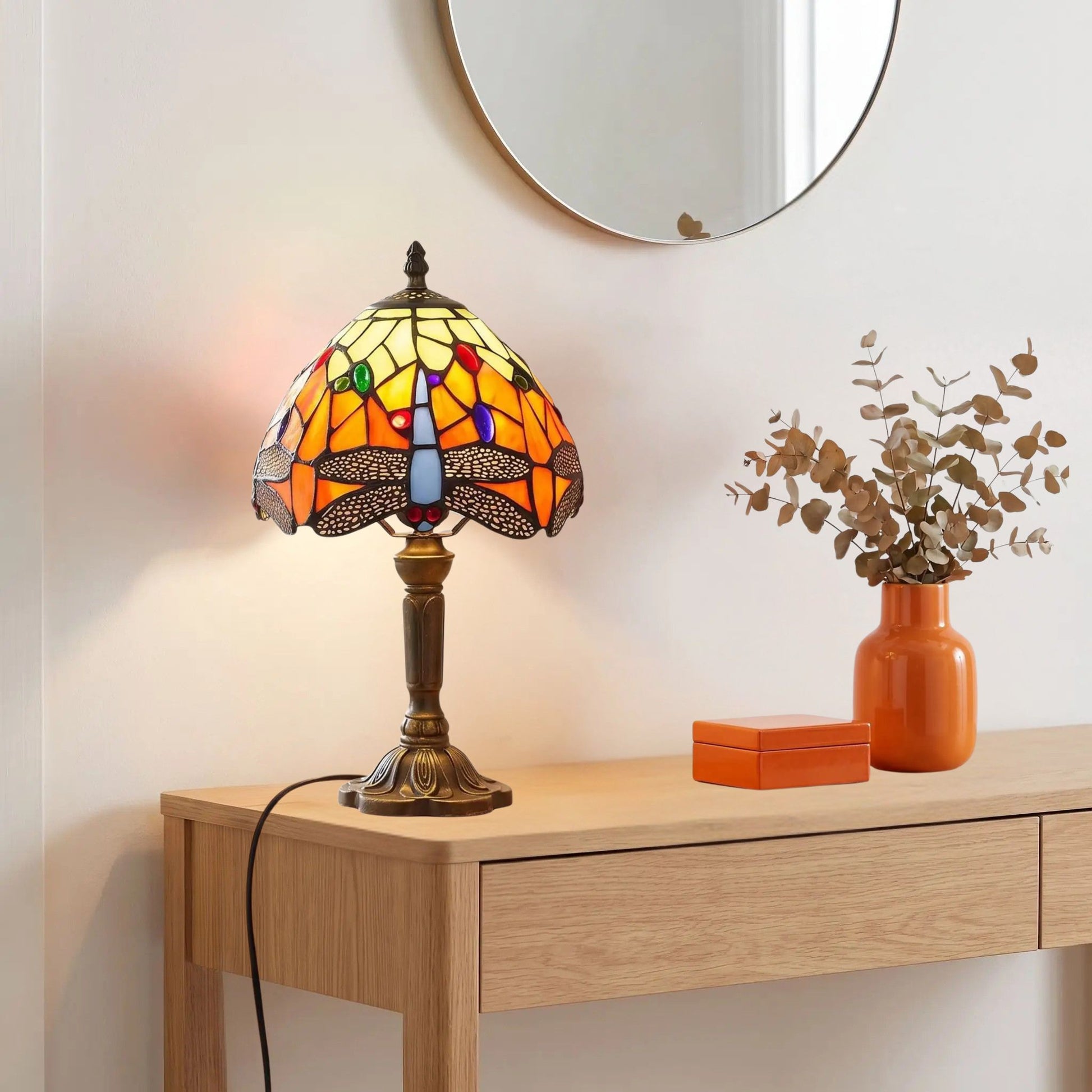 Lampes à poser console avec vase style tiffany vitrail orange avec motifs de libellules