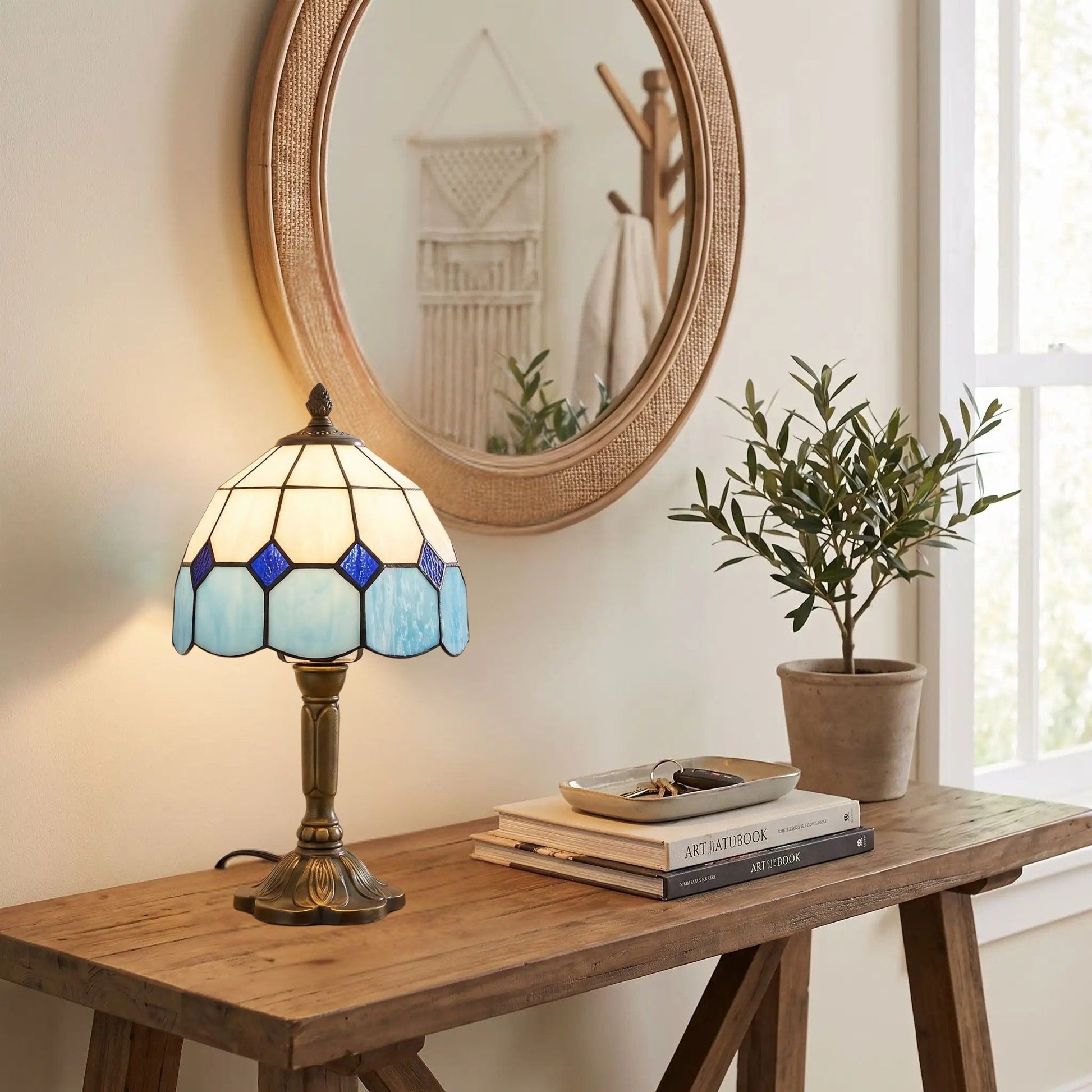 Lampes à poser console entree style tiffany vitrail bleu et blanc
