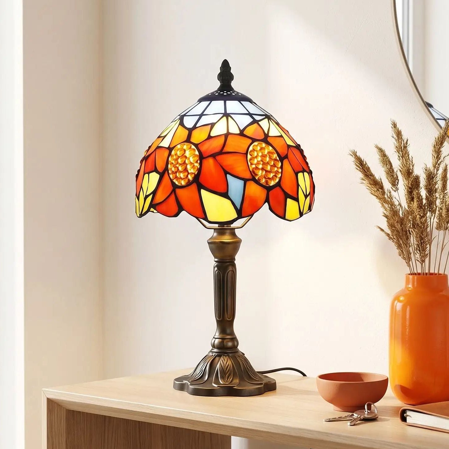 Lampes à poser console entree vu rapproche style tiffany aux motifs de tournesols colores