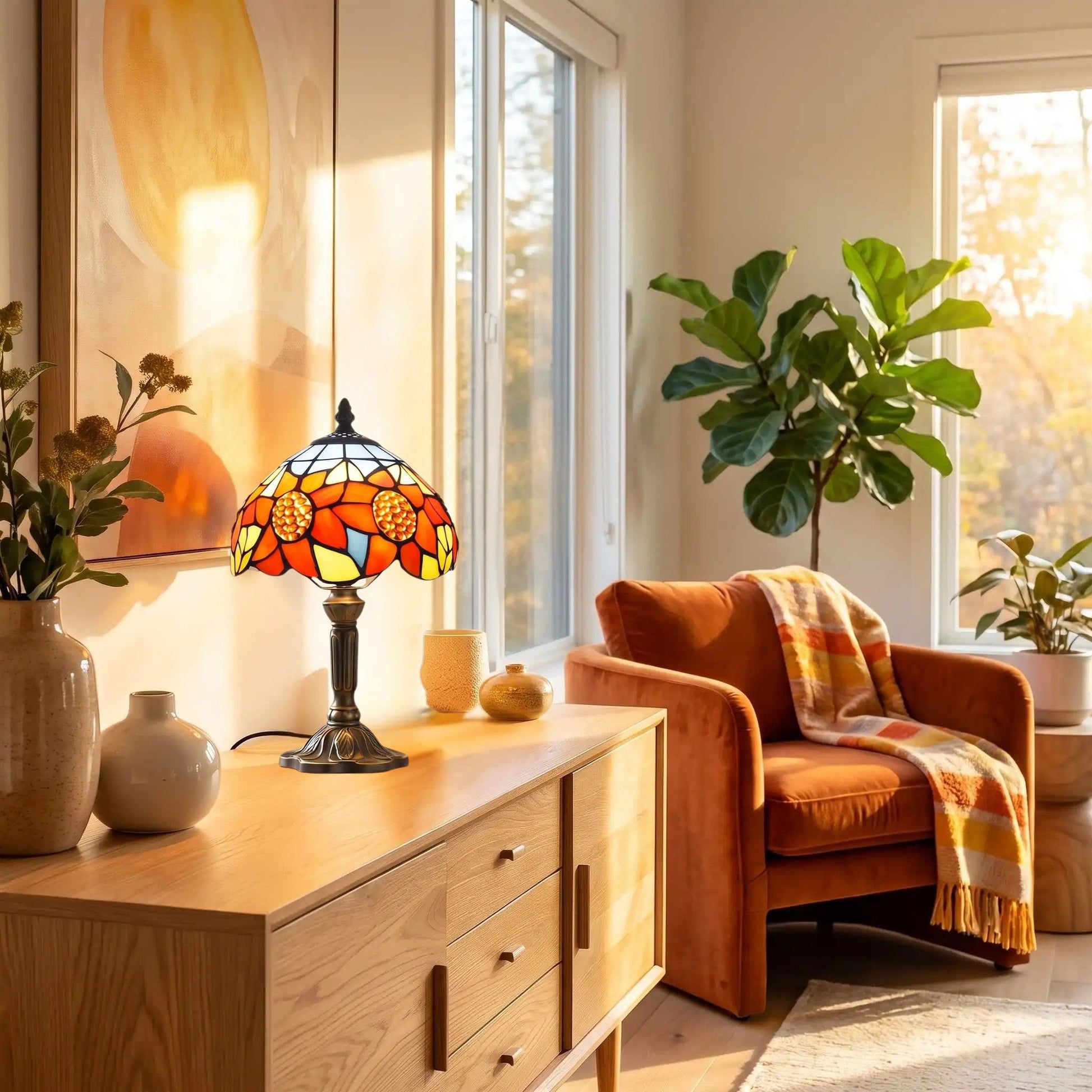 Lampes à poser console sejour style tiffany aux motifs de tournesols colores