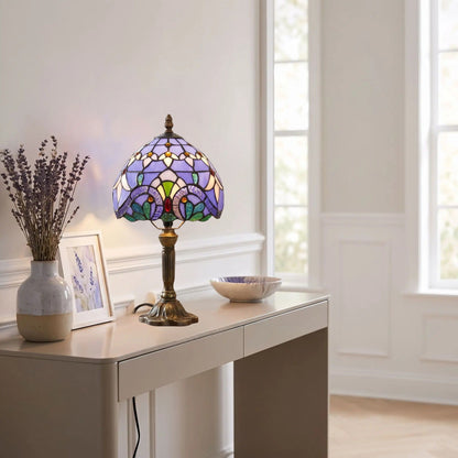 Lampes à poser console sejour style tiffany vitrail bleu aux motifs baroque
