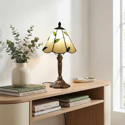 Lampes à poser console sejour style tiffany vitrail creme orne de feuilles vertes