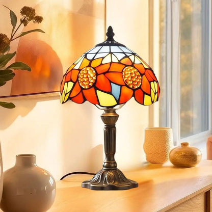 Lampes à poser console sejour vu rapproche style tiffany aux motifs de tournesols colores