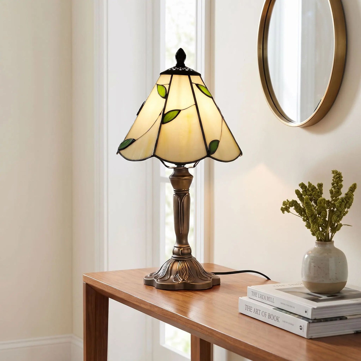 Lampes à poser console style tiffany vitrail creme orne de feuilles vertes