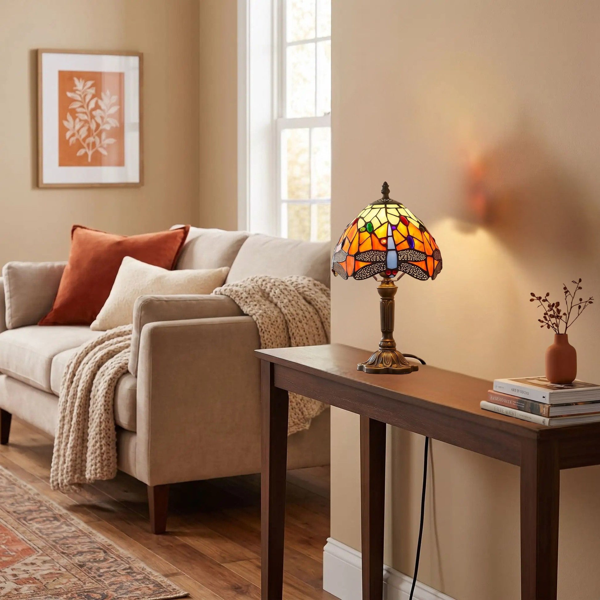 Lampes à poser console style tiffany vitrail orange avec motifs de libellules