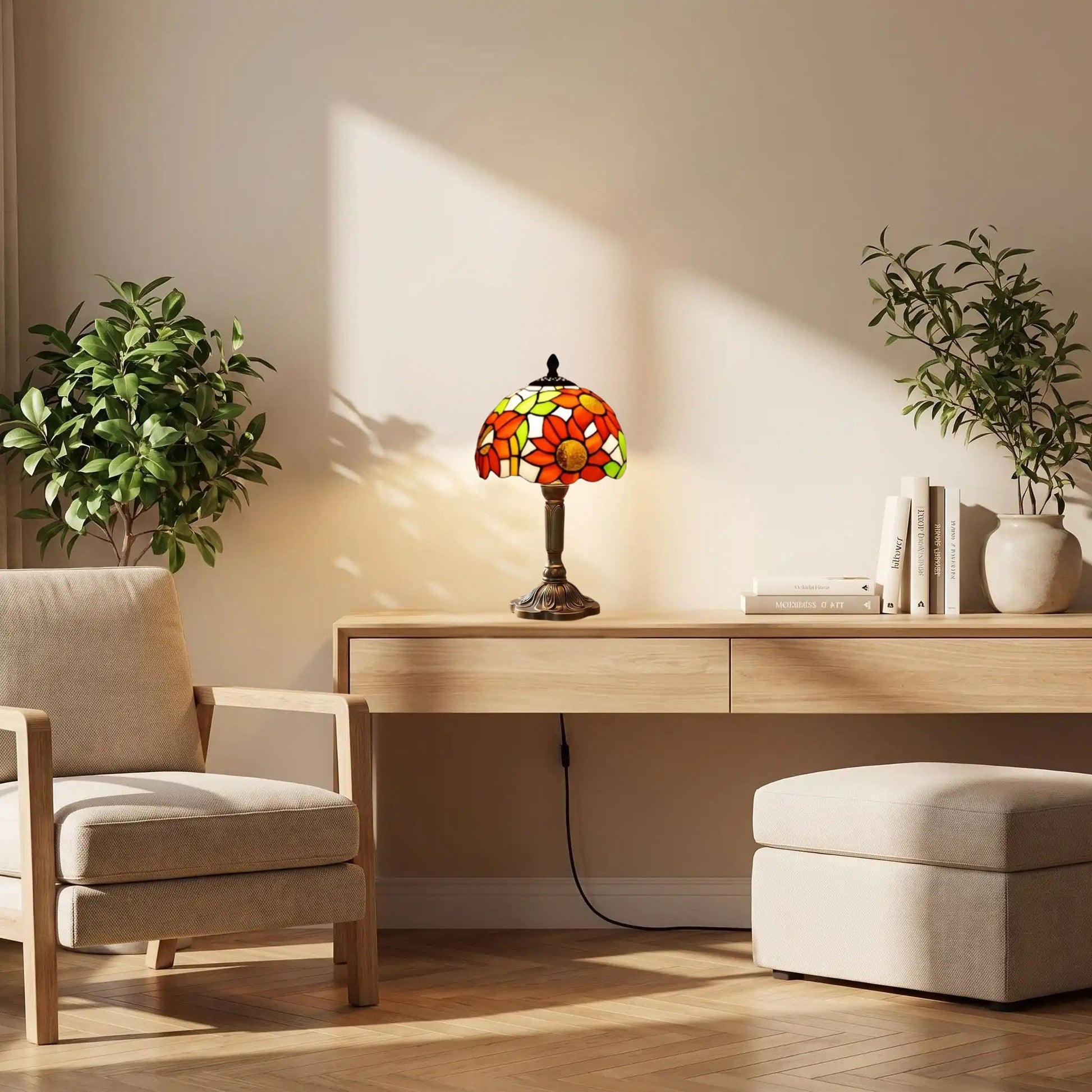 Lampes à poser fauteuil sejour style tiffany vitrail fleurs soleil orange