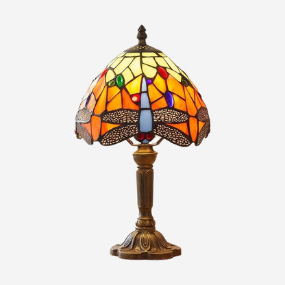 Lampes à poser fiche produit style tiffany vitrail orange avec motifs de libellules