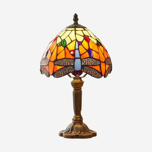 Lampes à poser fiche produit style tiffany vitrail orange avec motifs de libellules