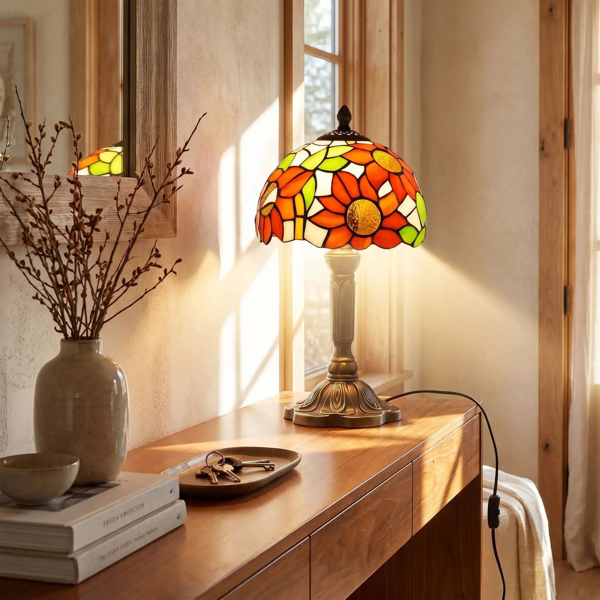 Lampes à poser rayon de soleil style tiffany vitrail fleurs soleil orange