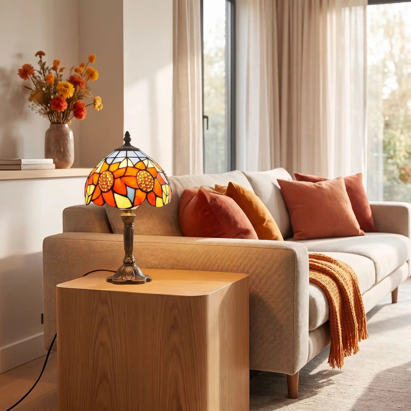 Lampes à poser sejour style tiffany aux motifs de tournesols colores