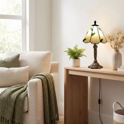 Lampes à poser sejour style tiffany vitrail creme orne de feuilles vertes