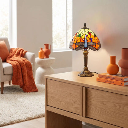 Lampes à poser sejour style tiffany vitrail orange avec motifs de libellules