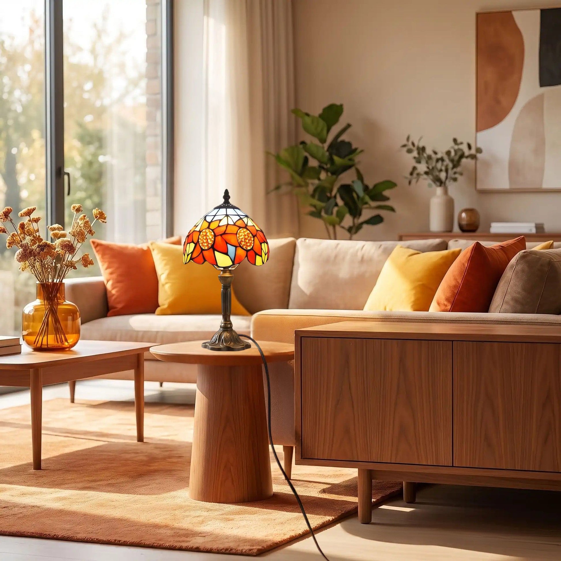 Lampes à poser sejour table ronde style tiffany aux motifs de tournesols colores