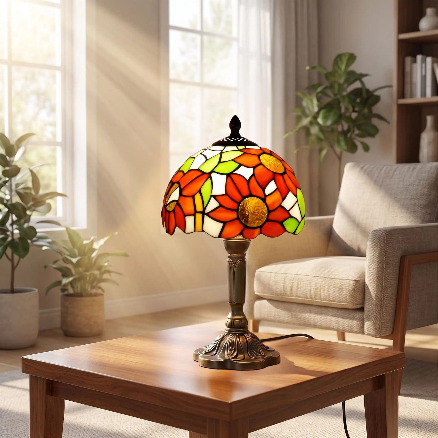 Lampes à poser table sejour style tiffany vitrail fleurs soleil orange