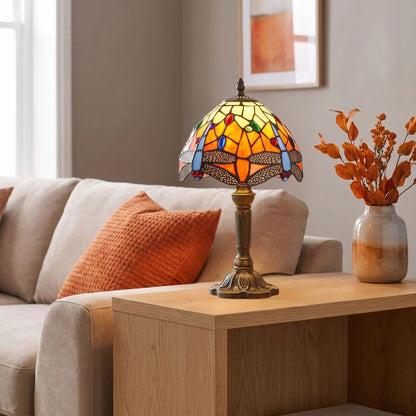 Lampes à poser table sejour style tiffany vitrail orange avec motifs de libellules