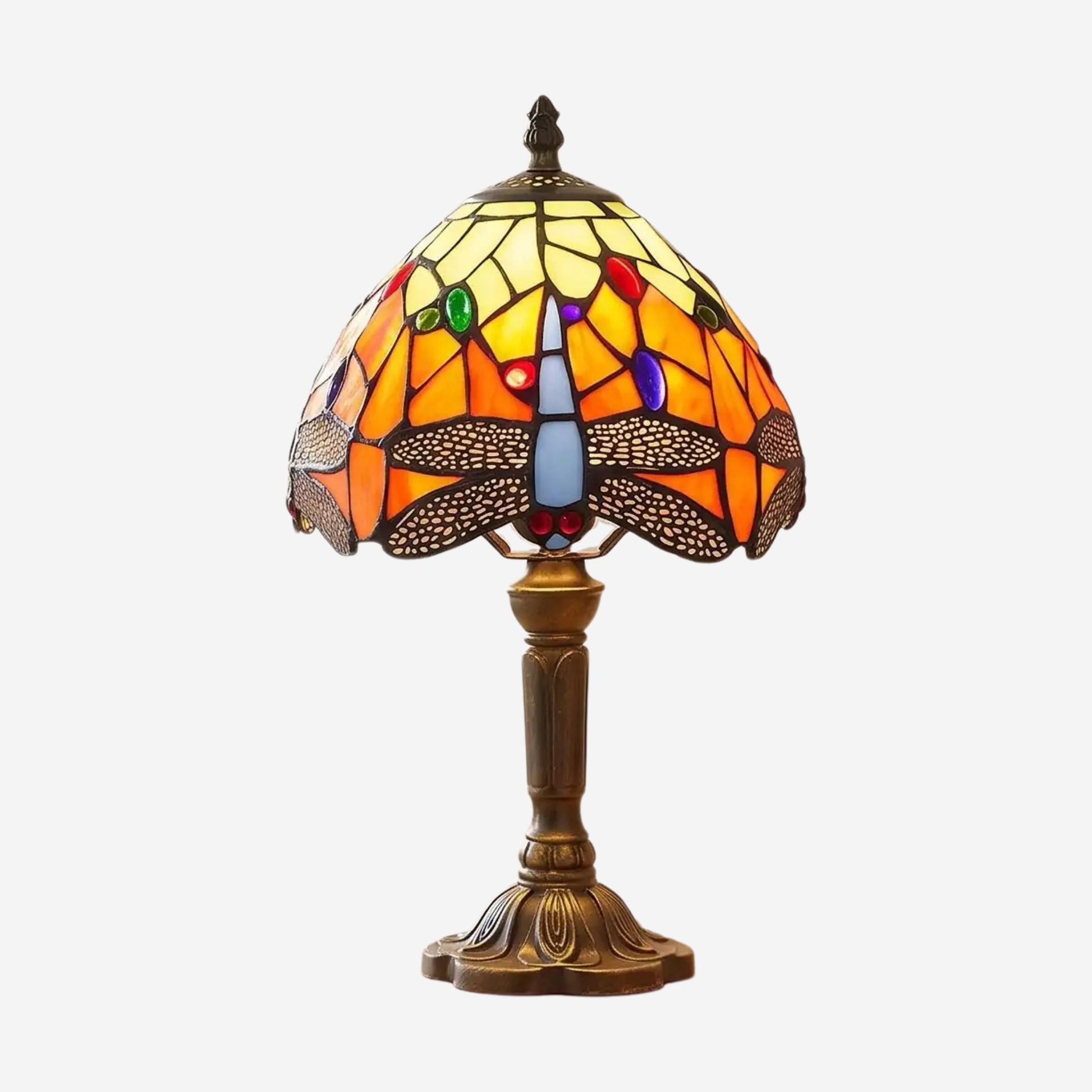 Lampes à poser variante produit style tiffany vitrail orange avec motifs de libellules