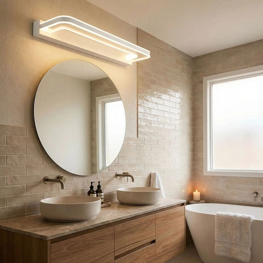 applique de salle de bain abat jour clair au dessus miroir rond eclairage multi faces
