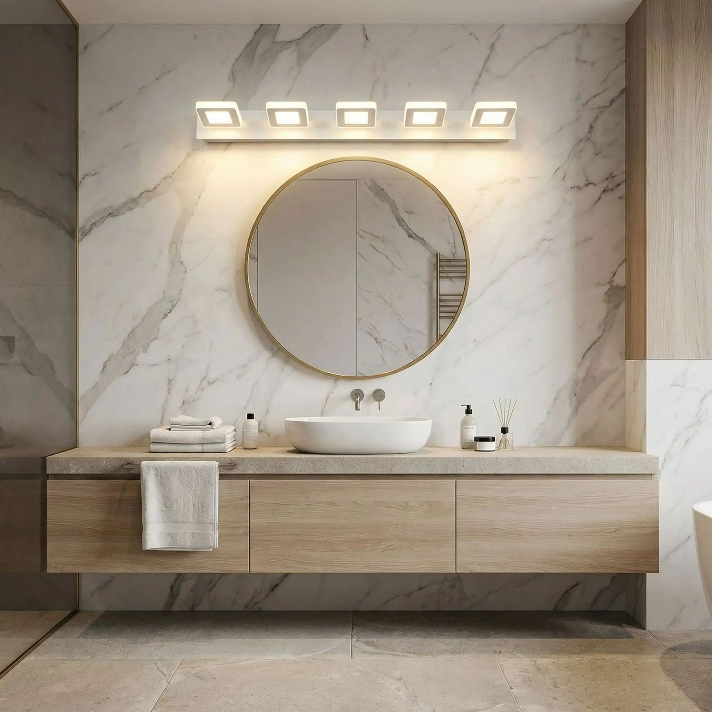applique de salle de bain blanc 5 lumieres au dessus miroir rond