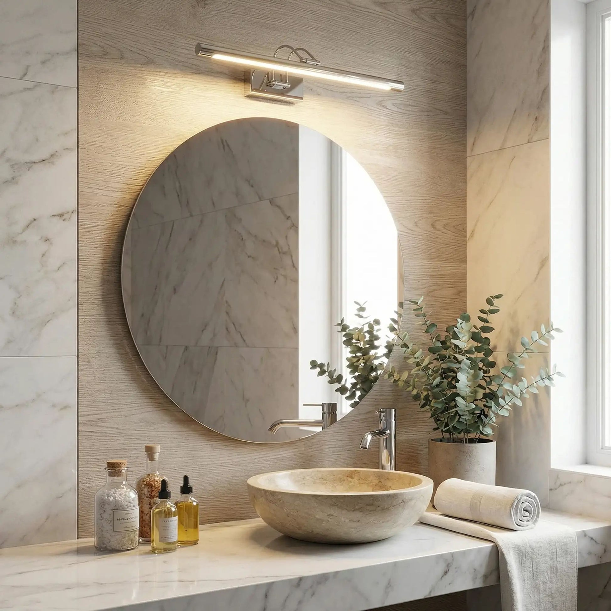 applique de salle de bain couleur argent au dessus miroir rond led 3 temperatures