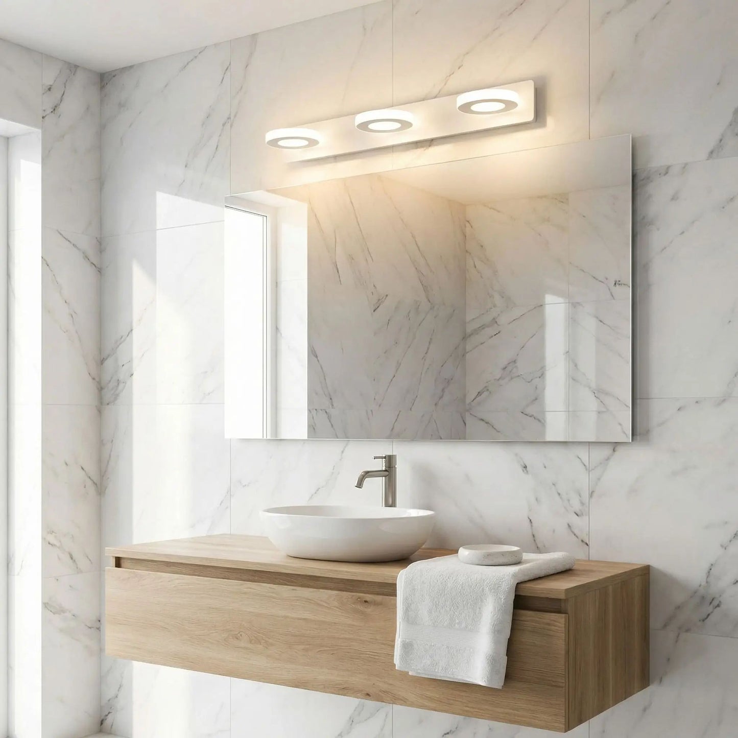 applique de salle de bain couleur blanc 3 lumieres rond au dessus miroir