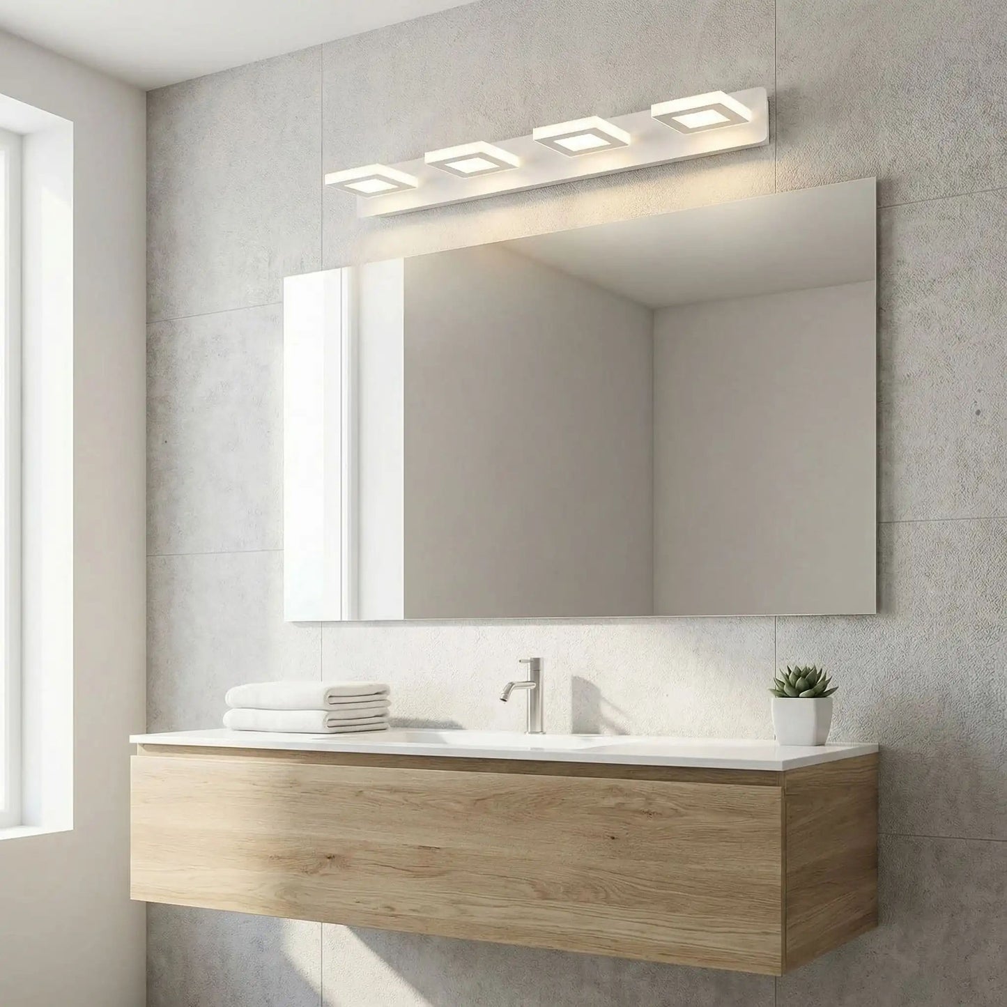 applique de salle de bain couleur blanc 4 carre au dessus grand miroir