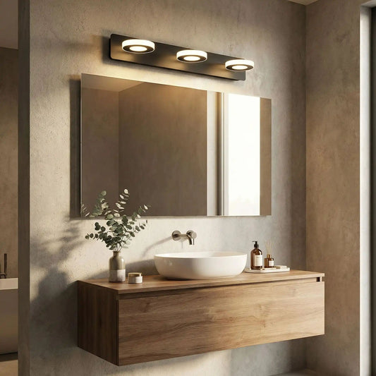 applique de salle de bain couleur noir 3 lumieres au dessus miroir rectangle