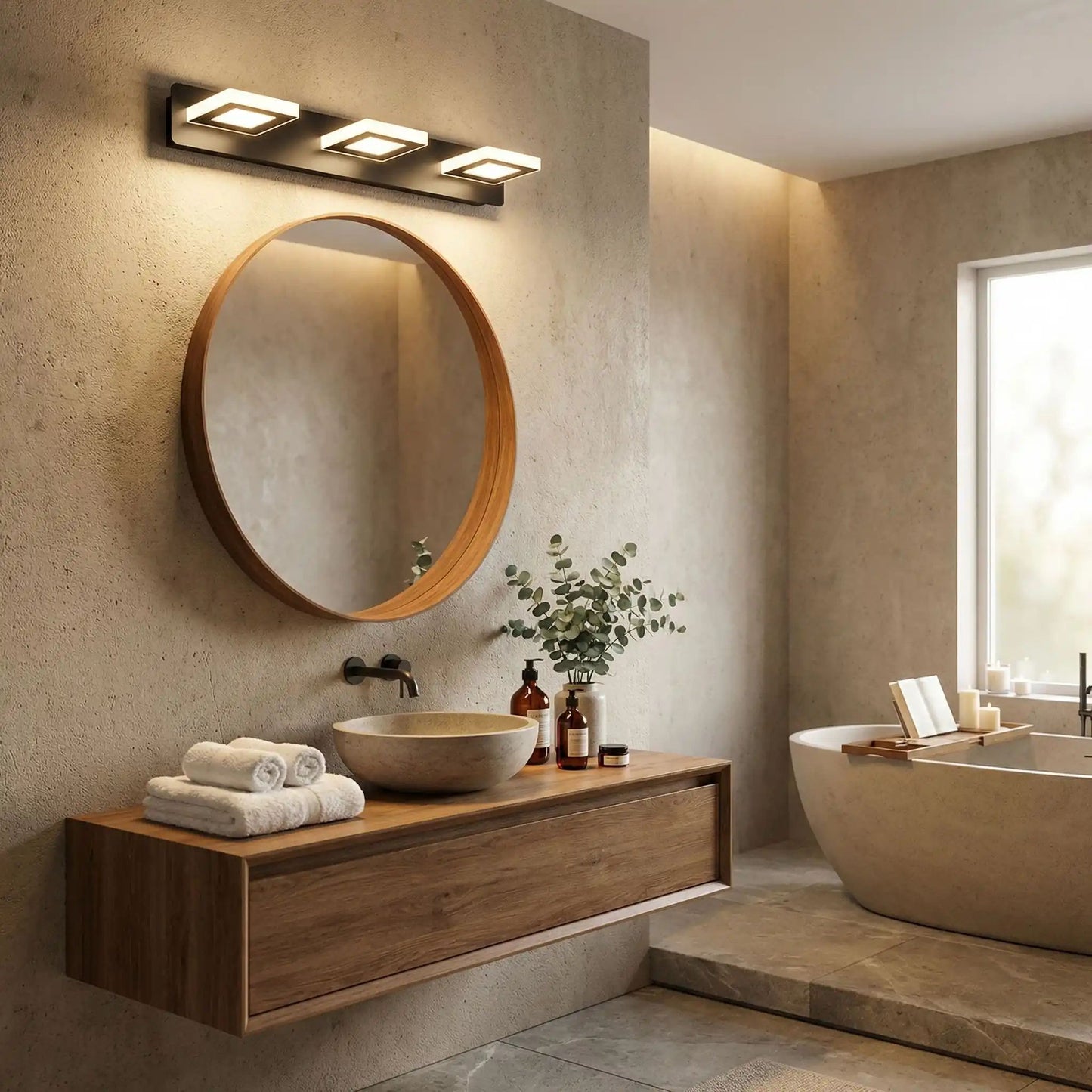 applique de salle de bain couleur noir 3 lumieres carre au dessus miroir rond