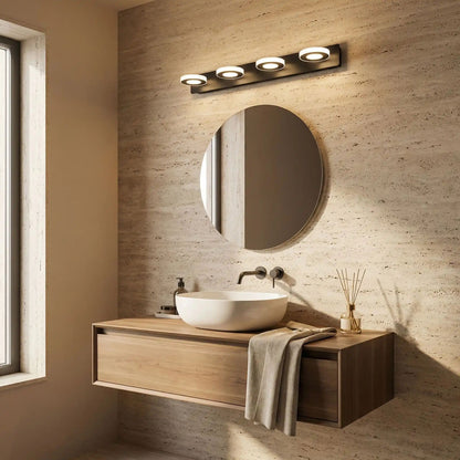 applique de salle de bain couleur noir 4 lumiere rond au dessus miroir rond