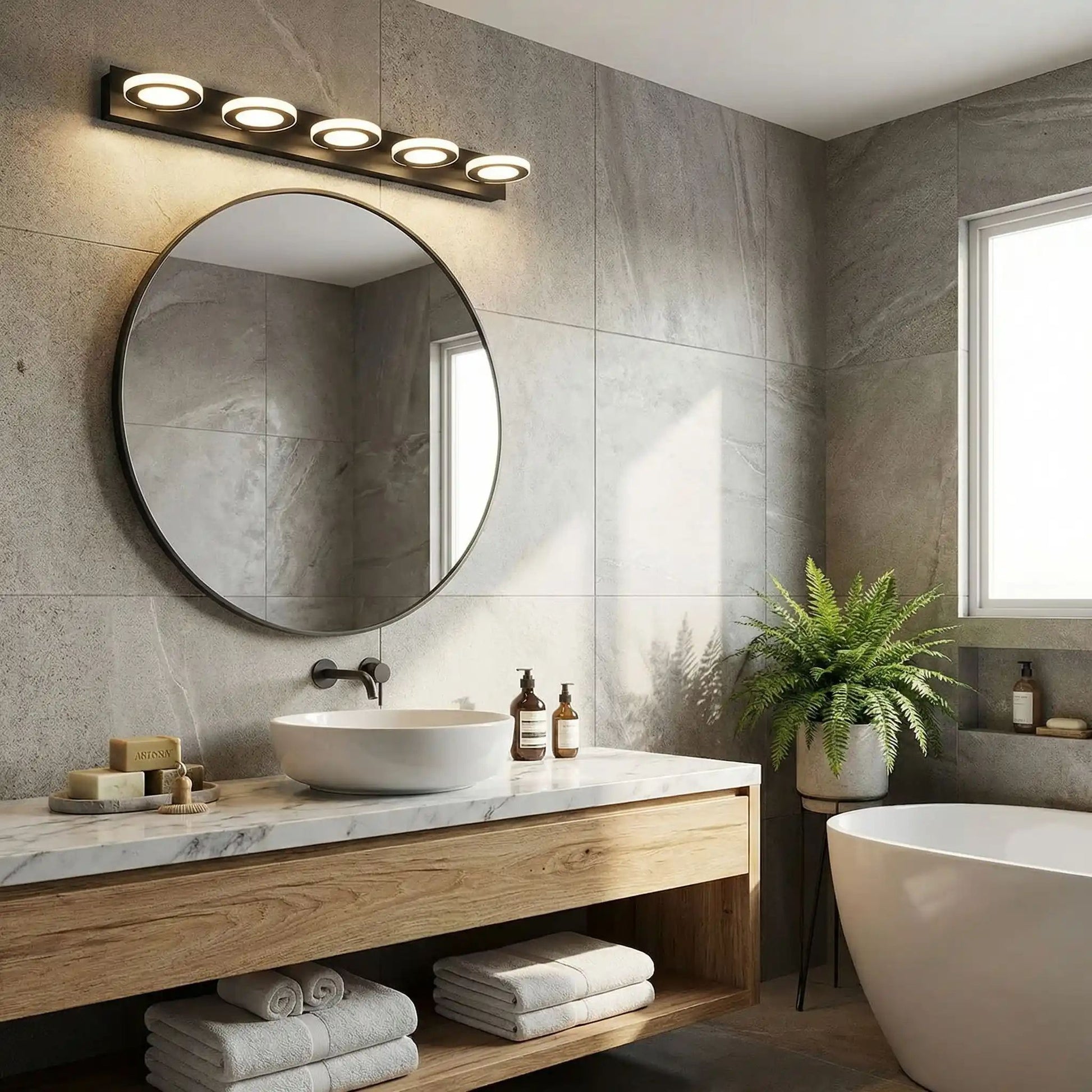 applique de salle de bain couleur noir 5 lumieres au dessus miroir rond