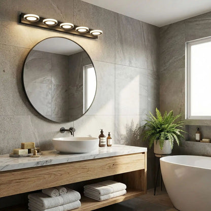 applique de salle de bain couleur noir 5 lumieres au dessus miroir rond