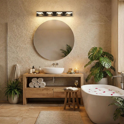 applique de salle de bain noir 4 lumieres carre au dessus miroir rond