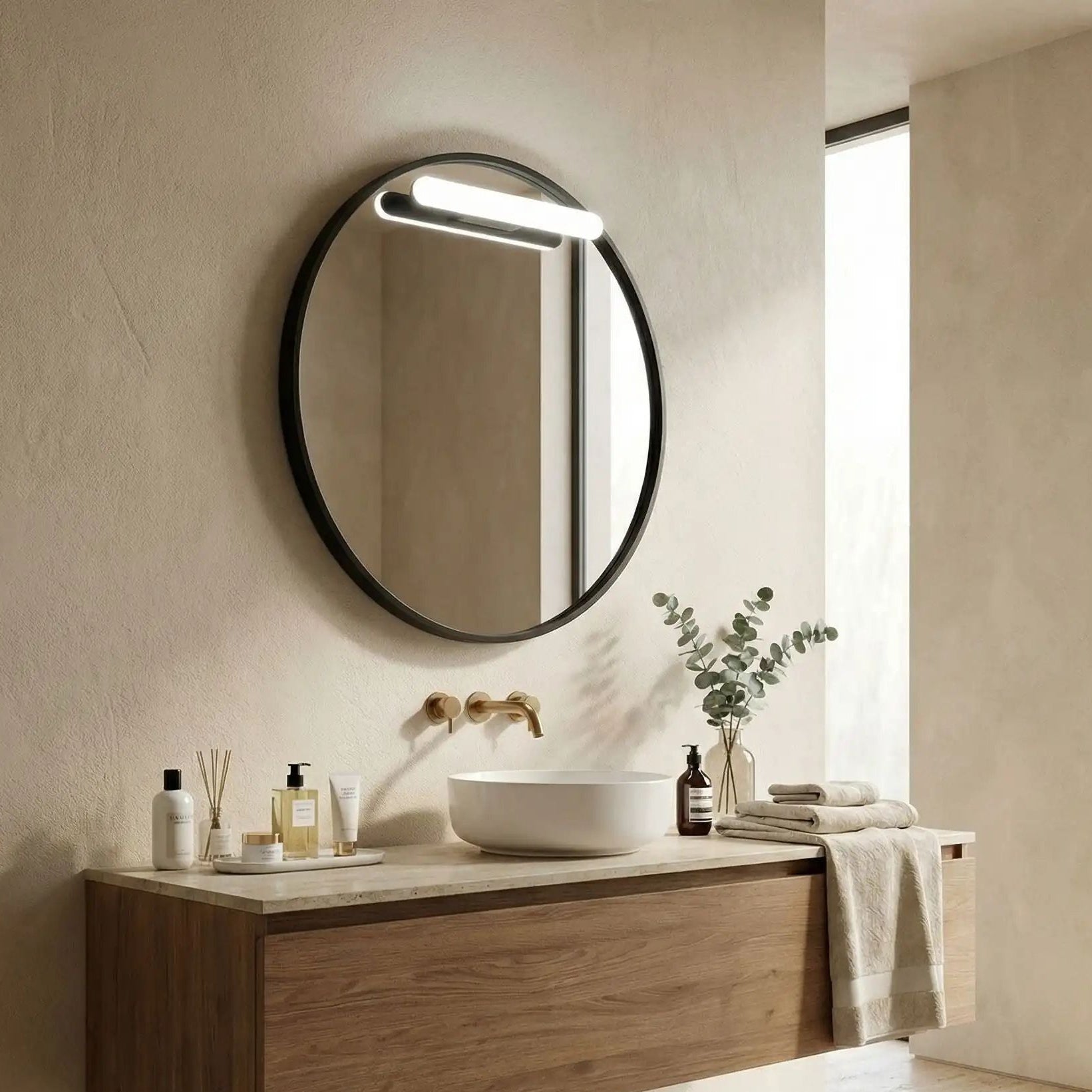 applique de salle de bain sur miroir rond au dessus vasque led rechargeable magnetique