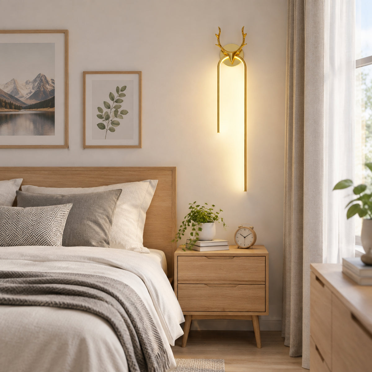 applique mural chambre doree dessus chevet cerf scandinave led