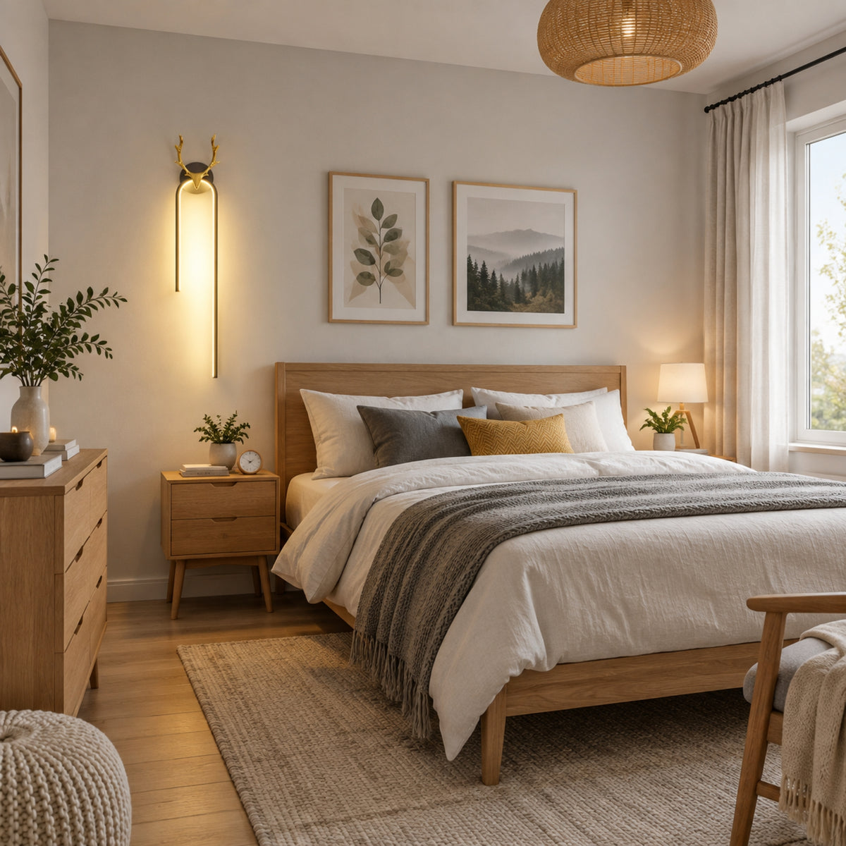 applique mural chambre noire doree avec cadres cerf scandinave led
