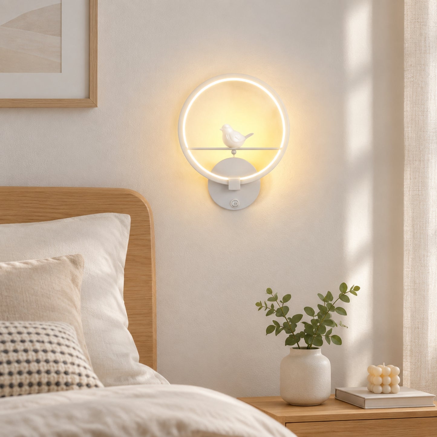 applique murale chambre couleur blanche avec plante oiseau lumineux led