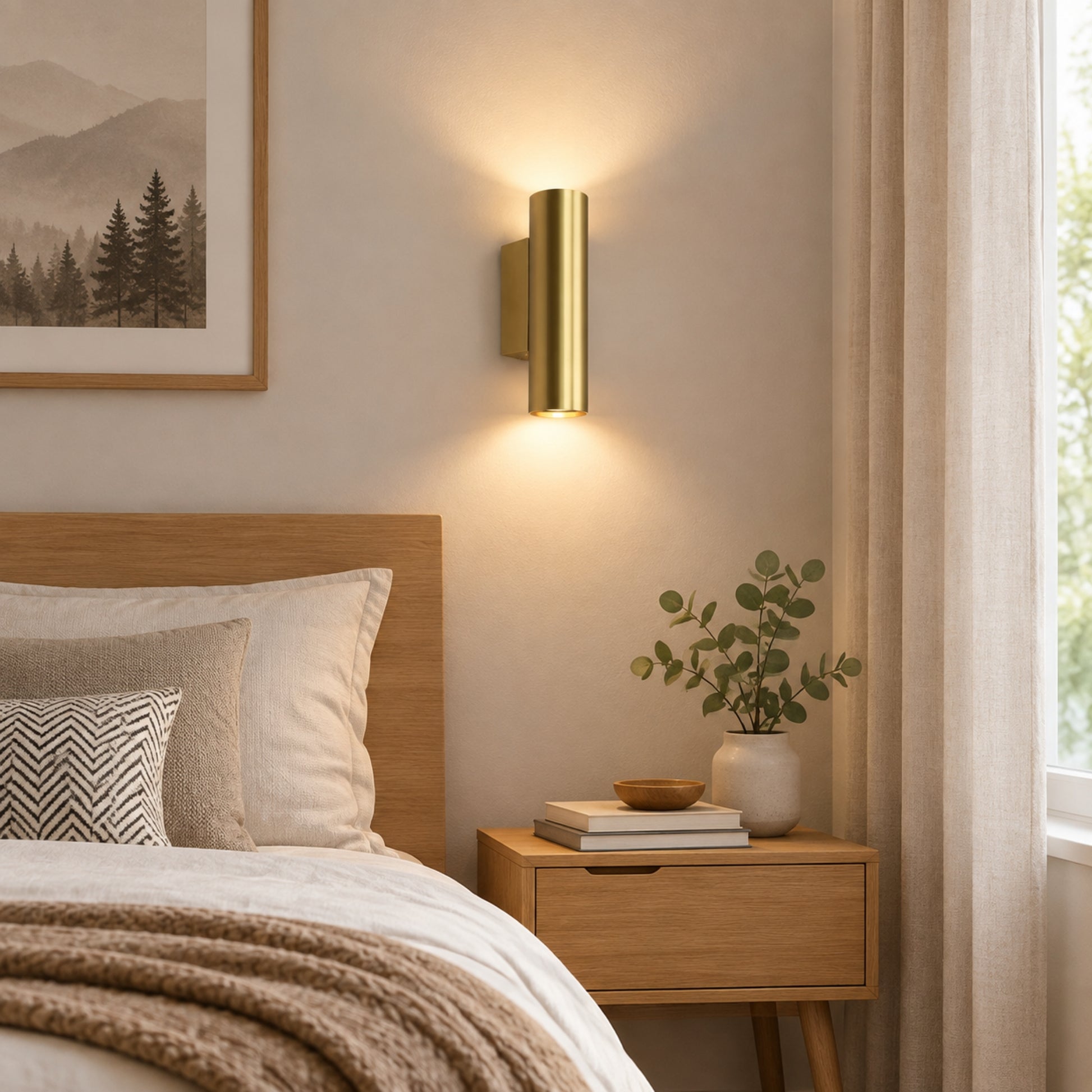 applique murale chambre doree avec cadre et lit design epure