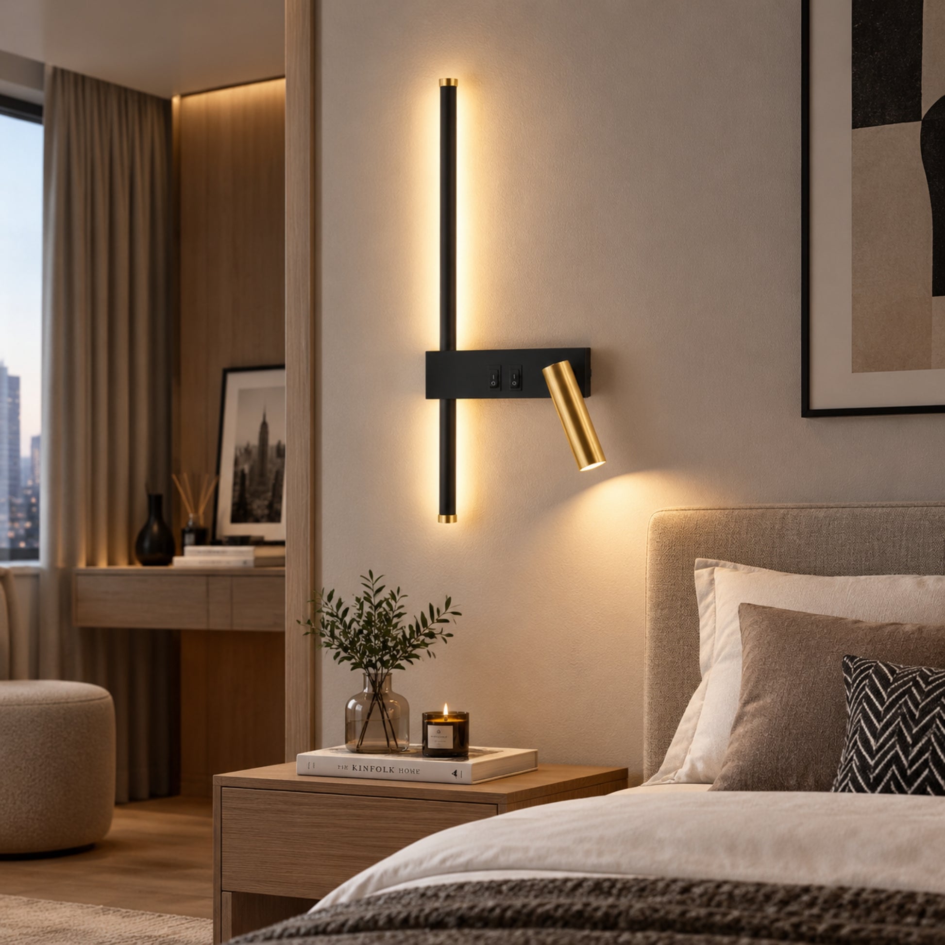 applique murale chambre modele gauche double eclairage noir et or